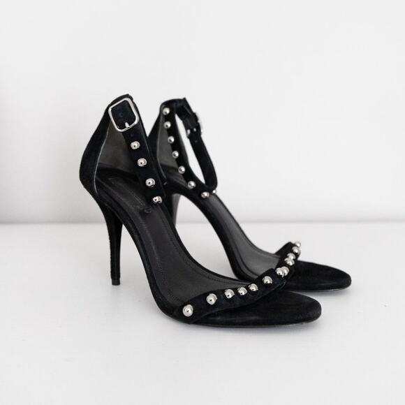 Alexander Wang Studded Antonia Ankle Strap Heel Black Suede Sandal Size 37.5 - Picture 1 of 11